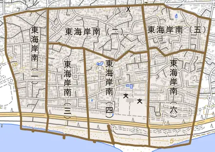 東海岸南とその周辺の地図。町の範囲を重ねている