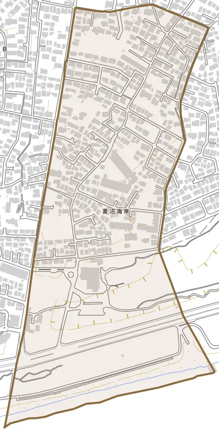菱沼海岸とその周辺の地図。町の範囲を重ねている