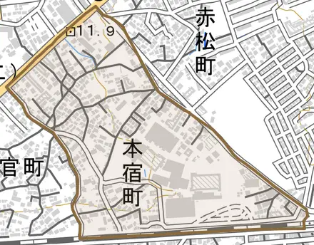 本宿町とその周辺の地図。町の範囲を重ねている