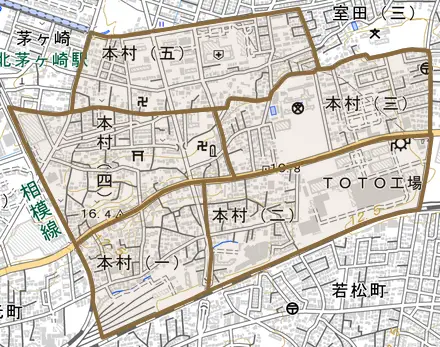本村とその周辺の地図。町の範囲を重ねている
