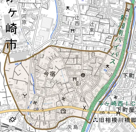 今宿とその周辺の地図。町の範囲を重ねている