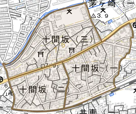 十間坂とその周辺の地図。町の範囲を重ねている