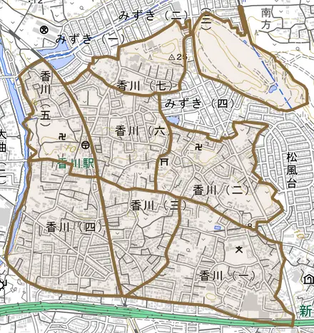 香川とその周辺の地図。町の範囲を重ねている