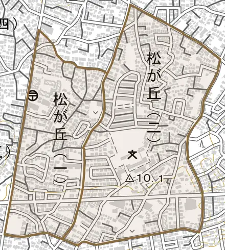松が丘とその周辺の地図。町の範囲を重ねている