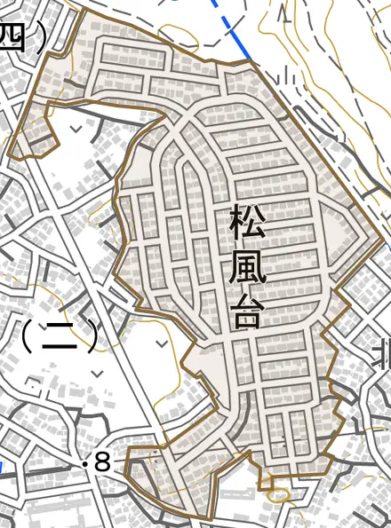 松風台とその周辺の地図。町の範囲を重ねている