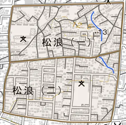 松浪とその周辺の地図。町の範囲を重ねている