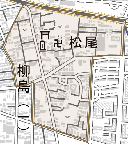 松尾とその周辺の地図。町の範囲を重ねている