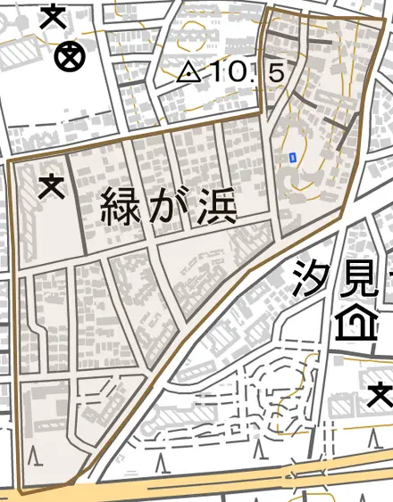 緑が浜とその周辺の地図。町の範囲を重ねている