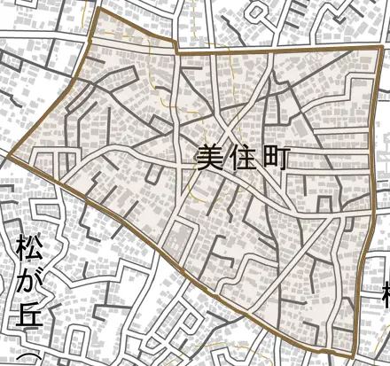 美住町とその周辺の地図。町の範囲を重ねている