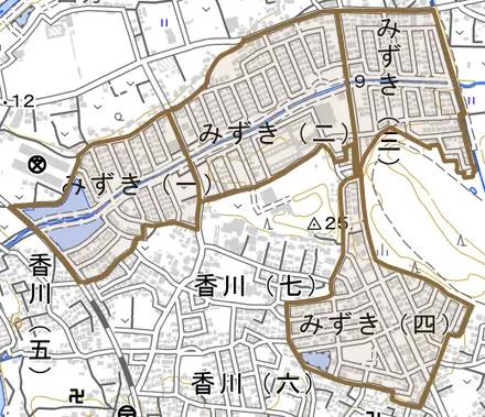 みずきとその周辺の地図。町の範囲を重ねている