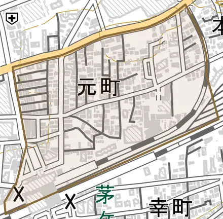 元町とその周辺の地図。町の範囲を重ねている