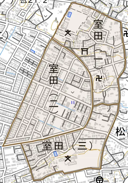 室田とその周辺の地図。町の範囲を重ねている