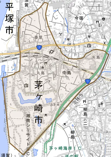 中島とその周辺の地図。町の範囲を重ねている