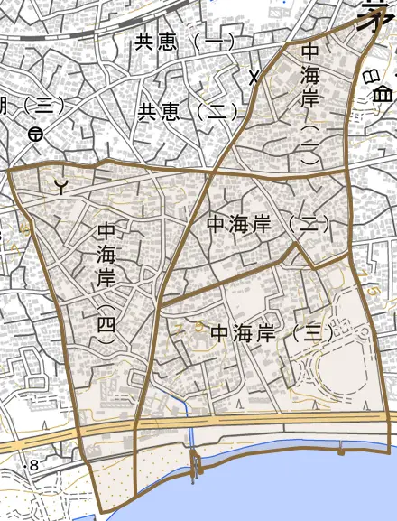 中海岸とその周辺の地図。町の範囲を重ねている