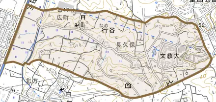 行谷とその周辺の地図。町の範囲を重ねている