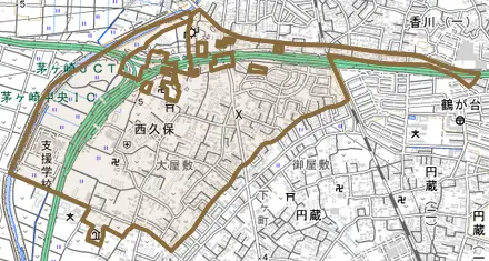 西久保とその周辺の地図。町の範囲を重ねている
