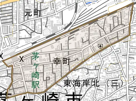 幸町とその周辺の地図。町の範囲を重ねている