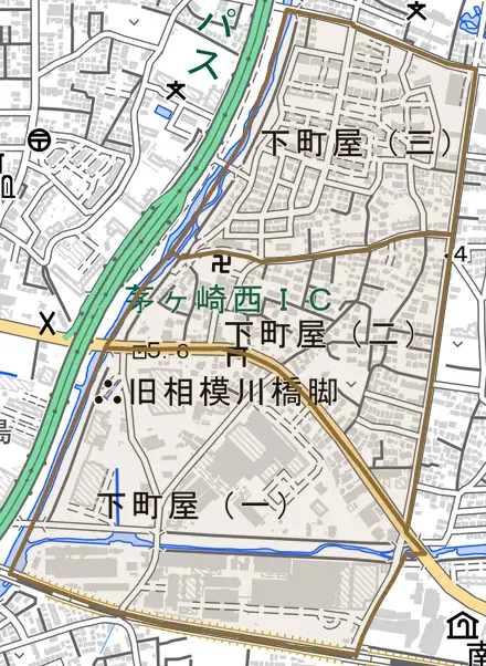 下町屋とその周辺の地図。町の範囲を重ねている