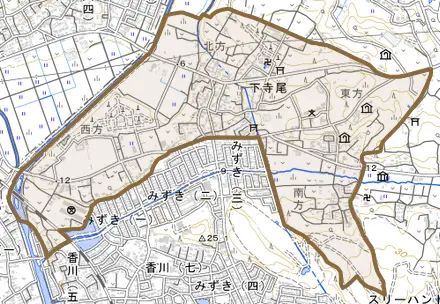 下寺尾とその周辺の地図。町の範囲を重ねている