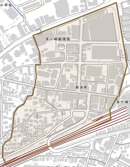 新栄町とその周辺の地図。町の範囲を重ねている