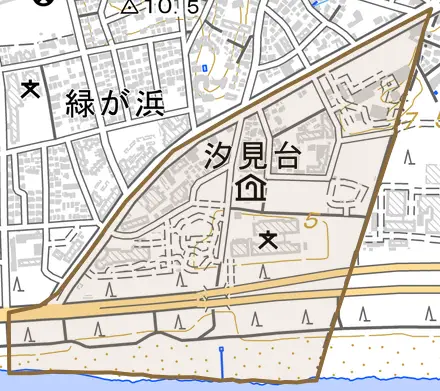 汐見台とその周辺の地図。町の範囲を重ねている