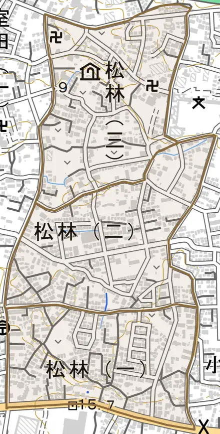 松林とその周辺の地図。町の範囲を重ねている