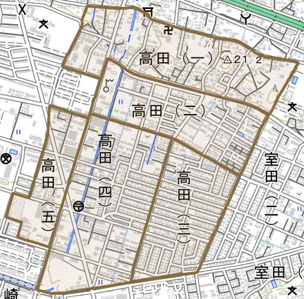 高田とその周辺の地図。町の範囲を重ねている