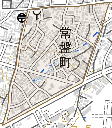 常盤町とその周辺の地図。町の範囲を重ねている