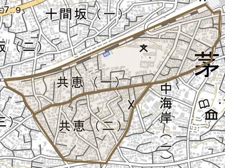 共恵とその周辺の地図。町の範囲を重ねている