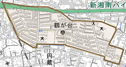 鶴が台とその周辺の地図。町の範囲を重ねている