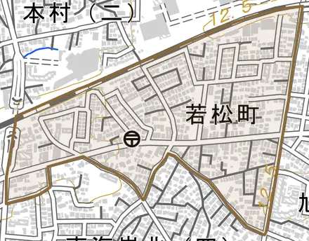 若松町とその周辺の地図。町の範囲を重ねている