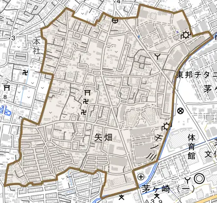 矢畑とその周辺の地図。町の範囲を重ねている