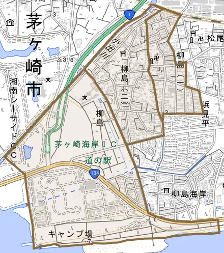 柳島とその周辺の地図。町の範囲を重ねている