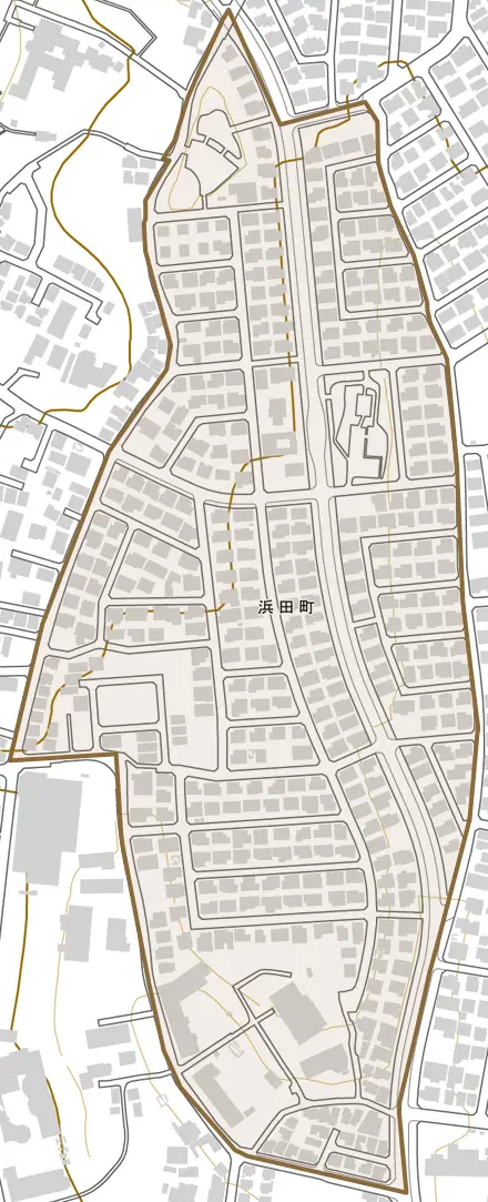 浜田町とその周辺の地図。町の範囲を重ねている