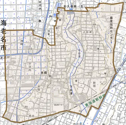 本郷とその周辺の地図。町の範囲を重ねている