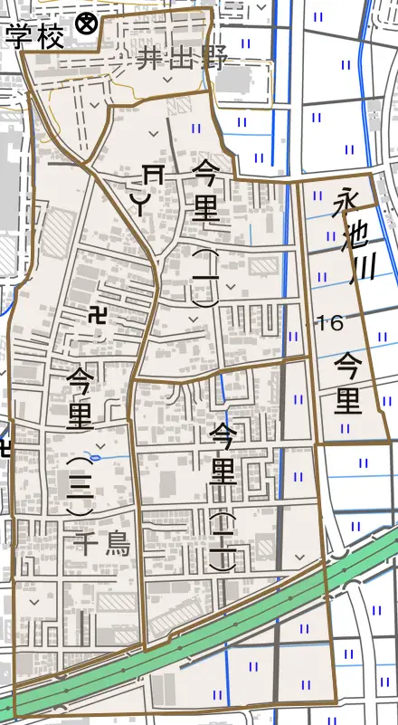 今里とその周辺の地図。町の範囲を重ねている