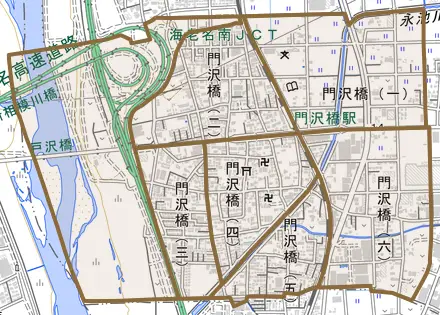 門沢橋とその周辺の地図。町の範囲を重ねている