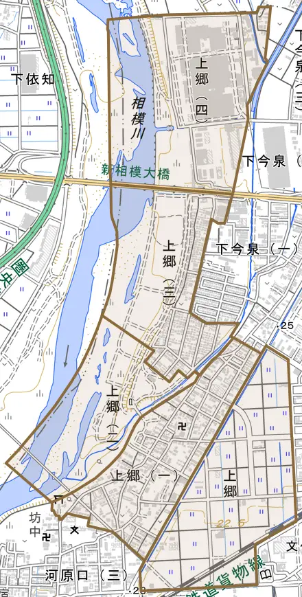 上郷とその周辺の地図。町の範囲を重ねている
