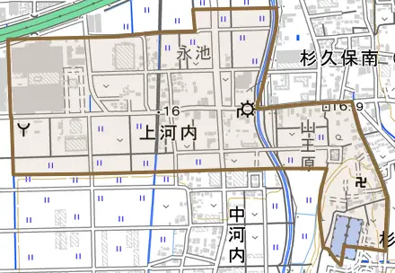 上河内とその周辺の地図。町の範囲を重ねている