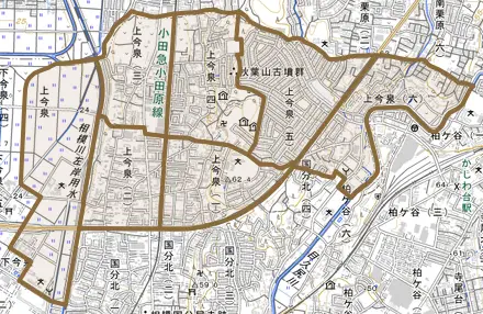 上今泉とその周辺の地図。町の範囲を重ねている