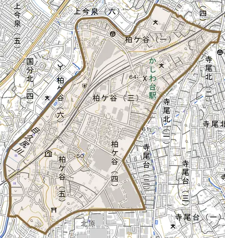 柏ケ谷とその周辺の地図。町の範囲を重ねている