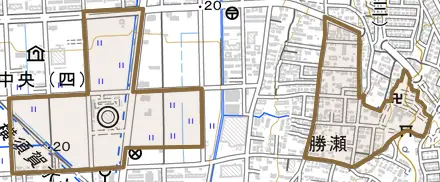 勝瀬とその周辺の地図。町の範囲を重ねている