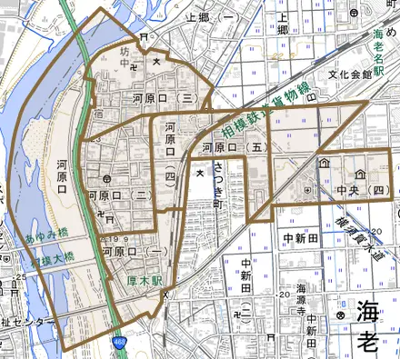 河原口とその周辺の地図。町の範囲を重ねている