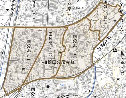 国分北とその周辺の地図。町の範囲を重ねている