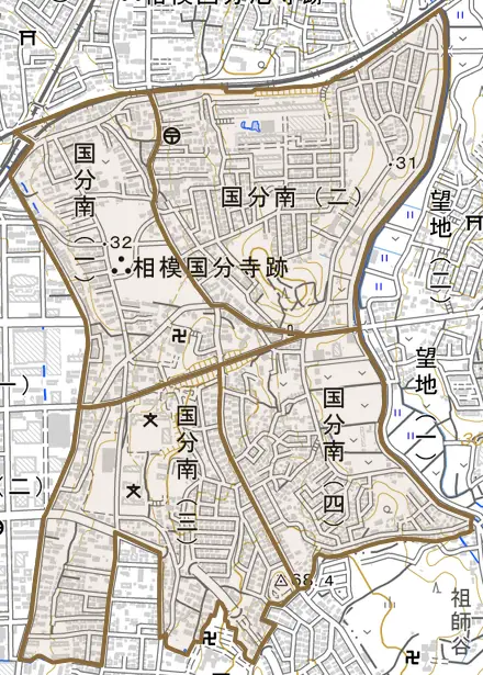 国分南とその周辺の地図。町の範囲を重ねている