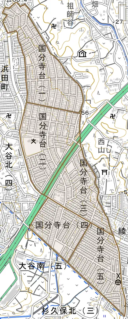 国分寺台とその周辺の地図。町の範囲を重ねている