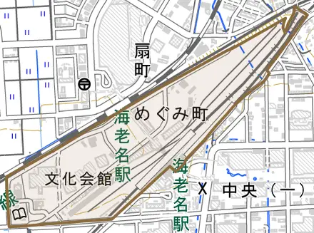 めぐみ町とその周辺の地図。町の範囲を重ねている