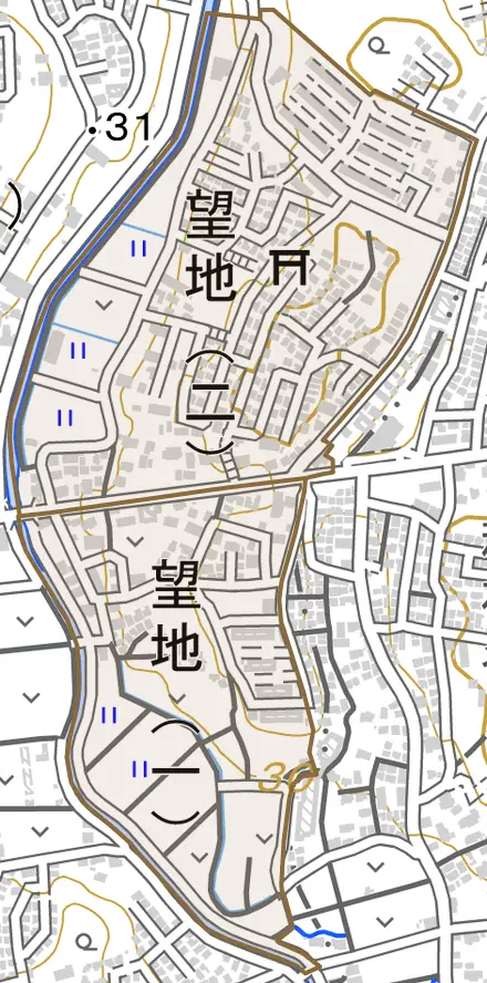 望地とその周辺の地図。町の範囲を重ねている