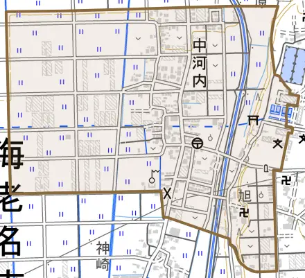中河内とその周辺の地図。町の範囲を重ねている
