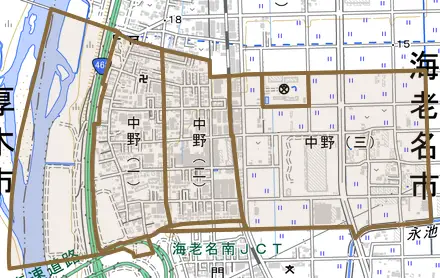 中野とその周辺の地図。町の範囲を重ねている